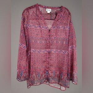 Converse One Star Long Sleeve Button Up Semi-Sheer Blouse Burgundy Boho Medium